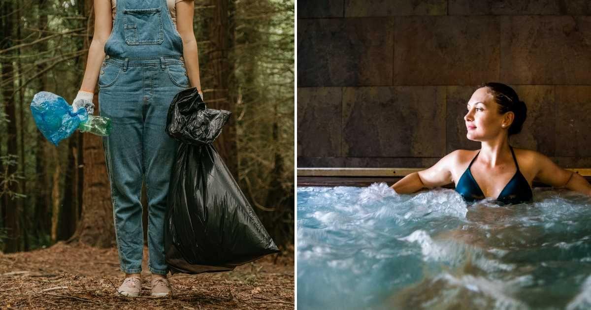 (L) Volunteer collecting garbage from the park. (R) A woman having a relaxing day in a luxury spa. (Representative Image Source: Getty Images | (L) Konstantin Tsevelev, (R) Artur Debat)