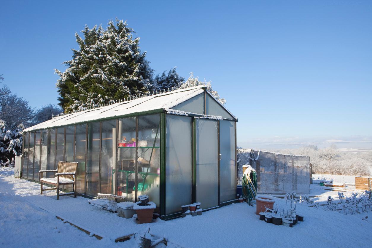 A long greenhouse covered in snow and frost in the winter. 