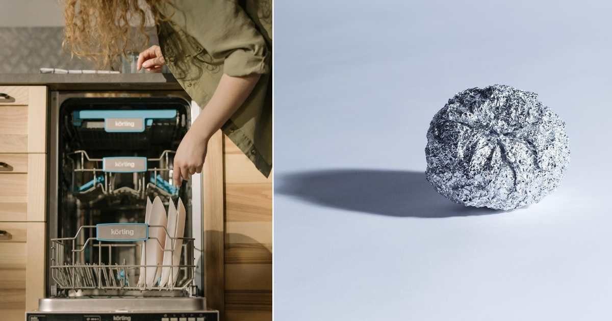 (L) Woman loading a dishwasher. (Representative Cover Image Source: Pexels | Cottonbro Studio) | (R) A ball of crumpled tinfoil. (Representative Cover Image Source: Pixabay | Photo by Yuelanliu)