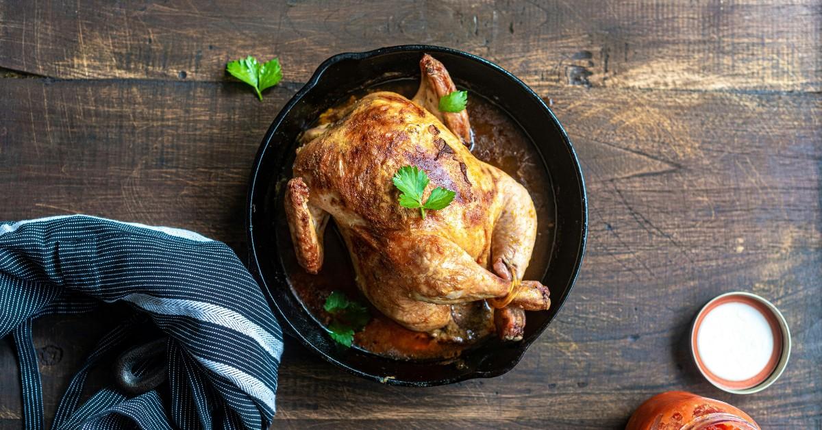 Overhead view of a roasted chicken