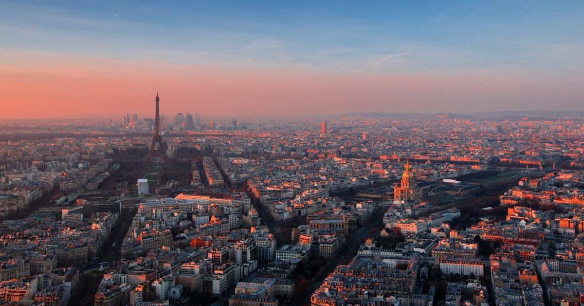 An aerial view of Paris, France, at sunset.