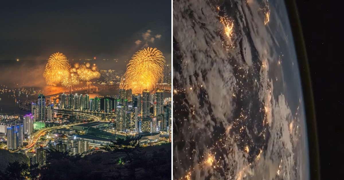 (L) A city lit up with fireworks on New Year's Eve (Representative Cover Image Source: Pexels | Thuan Nguyen) | (R) 'Farewell' captured by Samantha Cristoforetti. (Cover Image Source: Instagram | @europeanspaceagency)