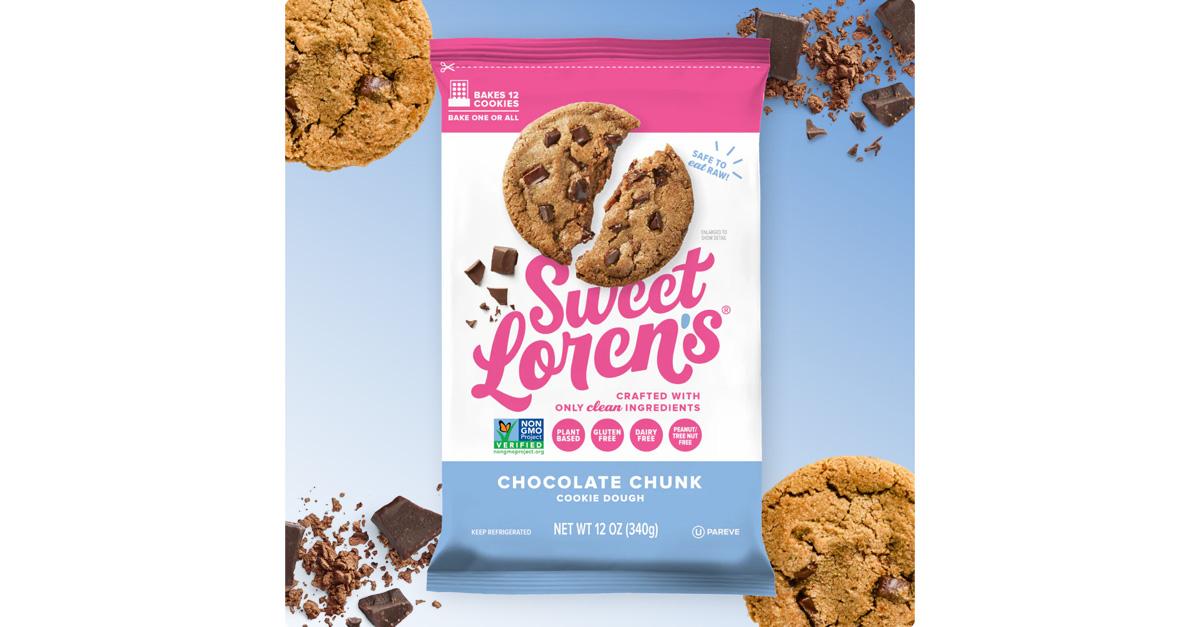 Sweet Loren's chocolate chunk cookies in white, pink, and blue wrapper