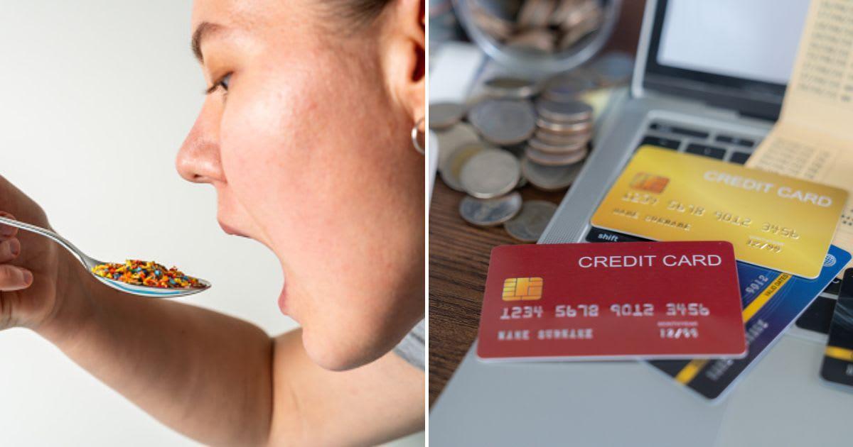 (L) Person about to eat microplastic with a spoon; (R) A credit card lying on a desk. (Representative Image Source: Getty Images | (L) karetoria; (R) Virojt Changyencham)