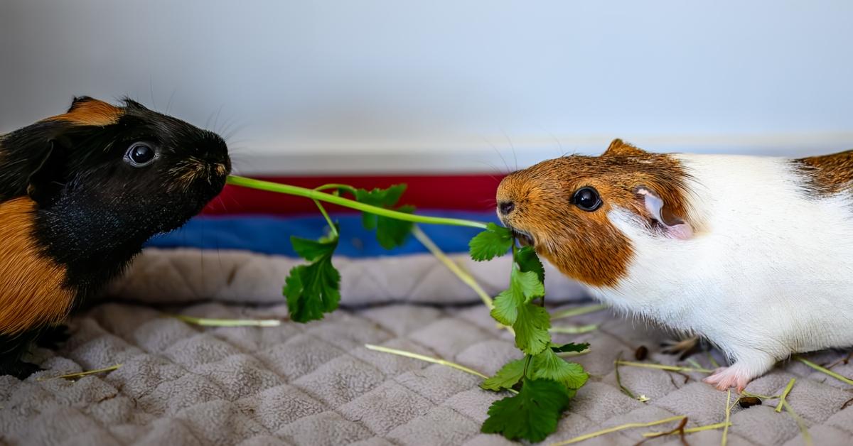 Two guinea pigs eating cilantro. 