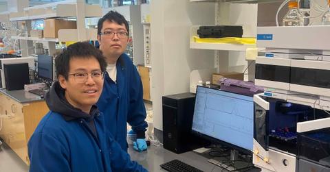 Chemist Yuwei Gu (at left) and graduate student Shaozheng Yin employ a gel permeation chromatography machine to measure the size of polymers and how they break down. (Image Source: Rutgers University | Gu Lab)