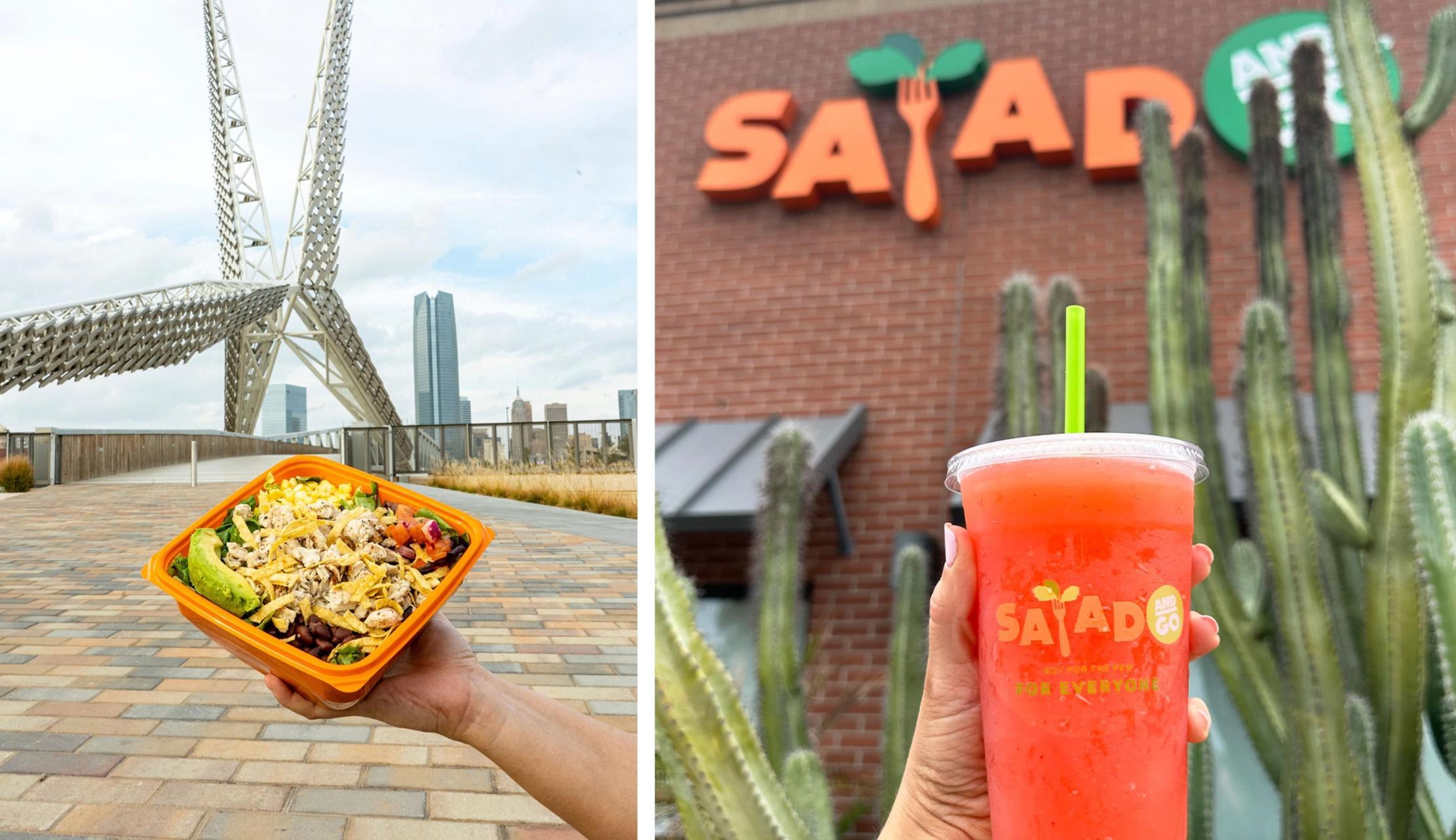 A person holds out a salad in the left picture, and a red drink in the right picture.