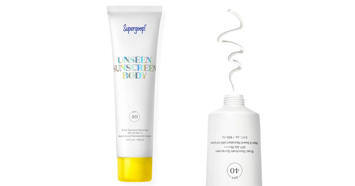 A tube of Supergoop sunscreen and a second tube squeezing out sunscreen