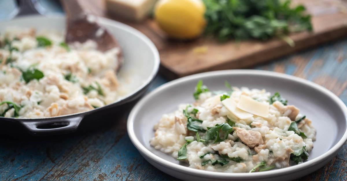 fish risotto with lemon and arugula