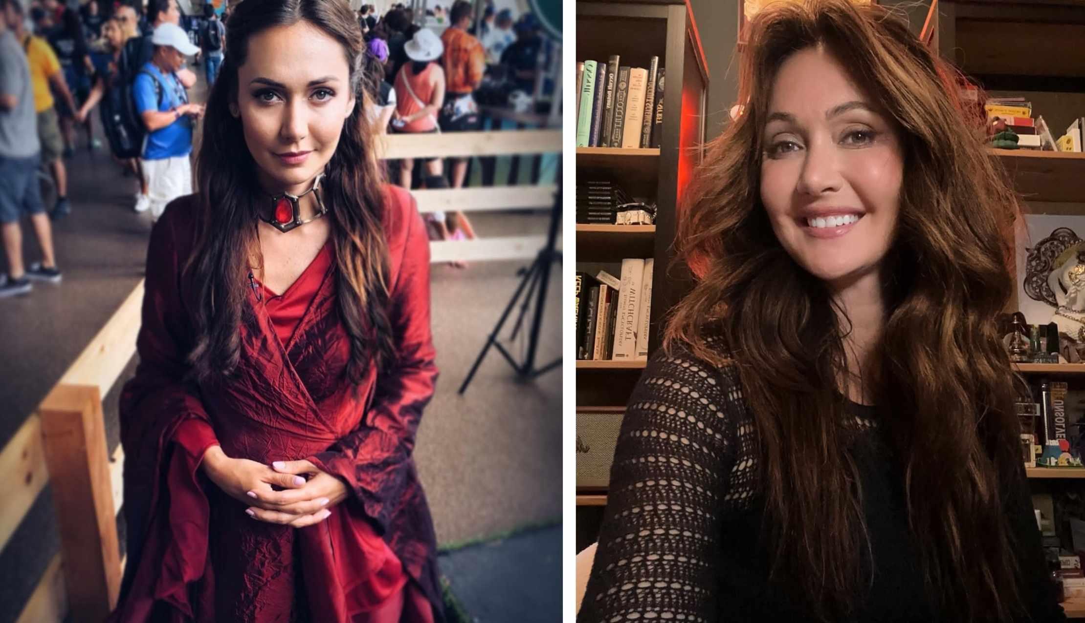 Jessica Chobot is pictured in a red dress and in a black top in two Instagram posts.