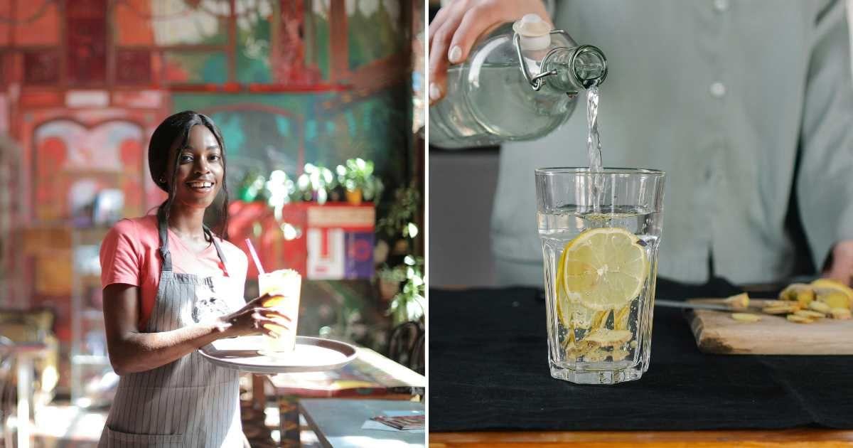 (L) A waitress bringing a drink on a tray. (R) A person pouring water into a glass with lemon slices. (Representative Cover Image Source: Pexels | (L) Andrea Piacquadio, (R) Mikhail Nilov) 
