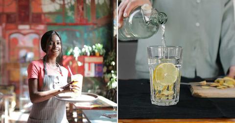 (L) A waitress bringing a drink on a tray. (R) A person pouring water into a glass with lemon slices. (Representative Cover Image Source: Pexels | (L) Andrea Piacquadio, (R) Mikhail Nilov)