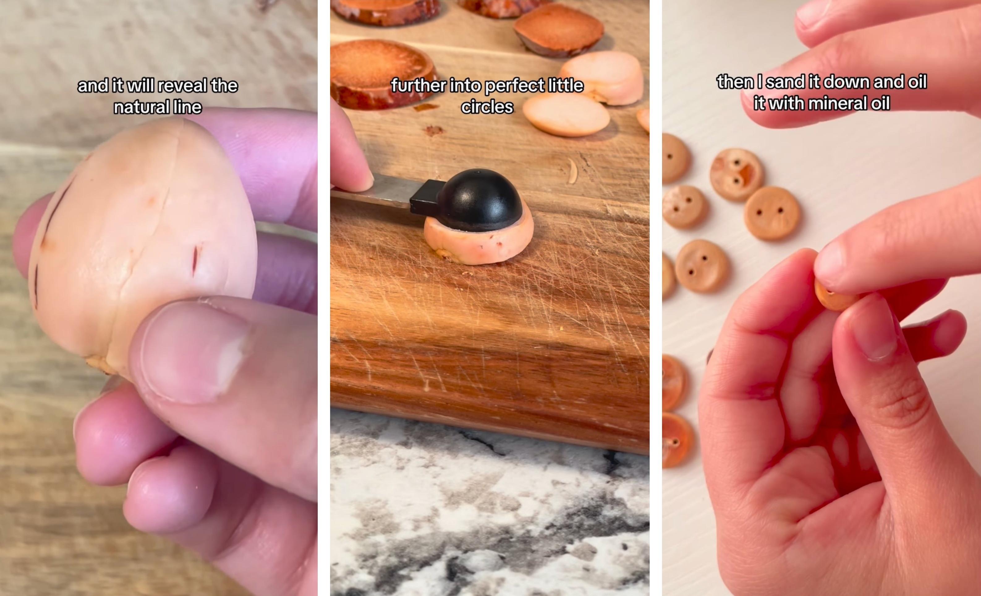 Instagram user @knotworks_crochet shows the steps to create avocado pit buttons. 