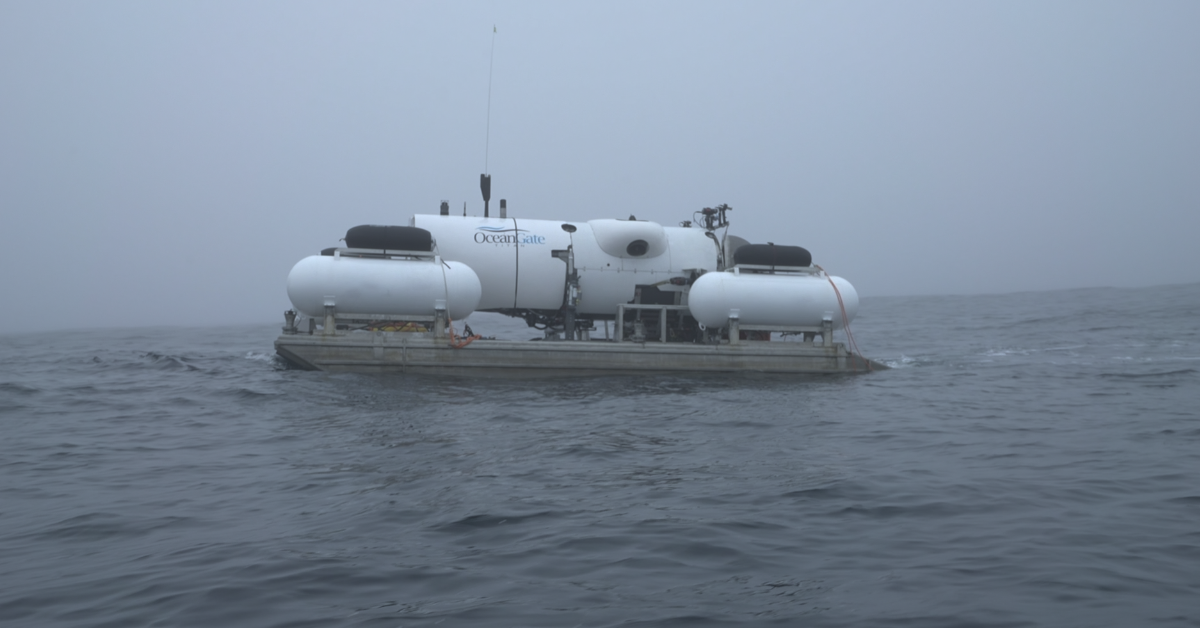 The OceanGate Titan floats on a raft in the ocean