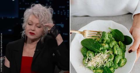 (L) American singer Cyndi Lauper in Jimmy Kimmel Live show. (Cover Image Source: YouTube | @JimmyKimmelLive) | (R) A bowl of gnocchi with green sauce. (Representative Cover Image Source: Pexels | Kaboompics.com)