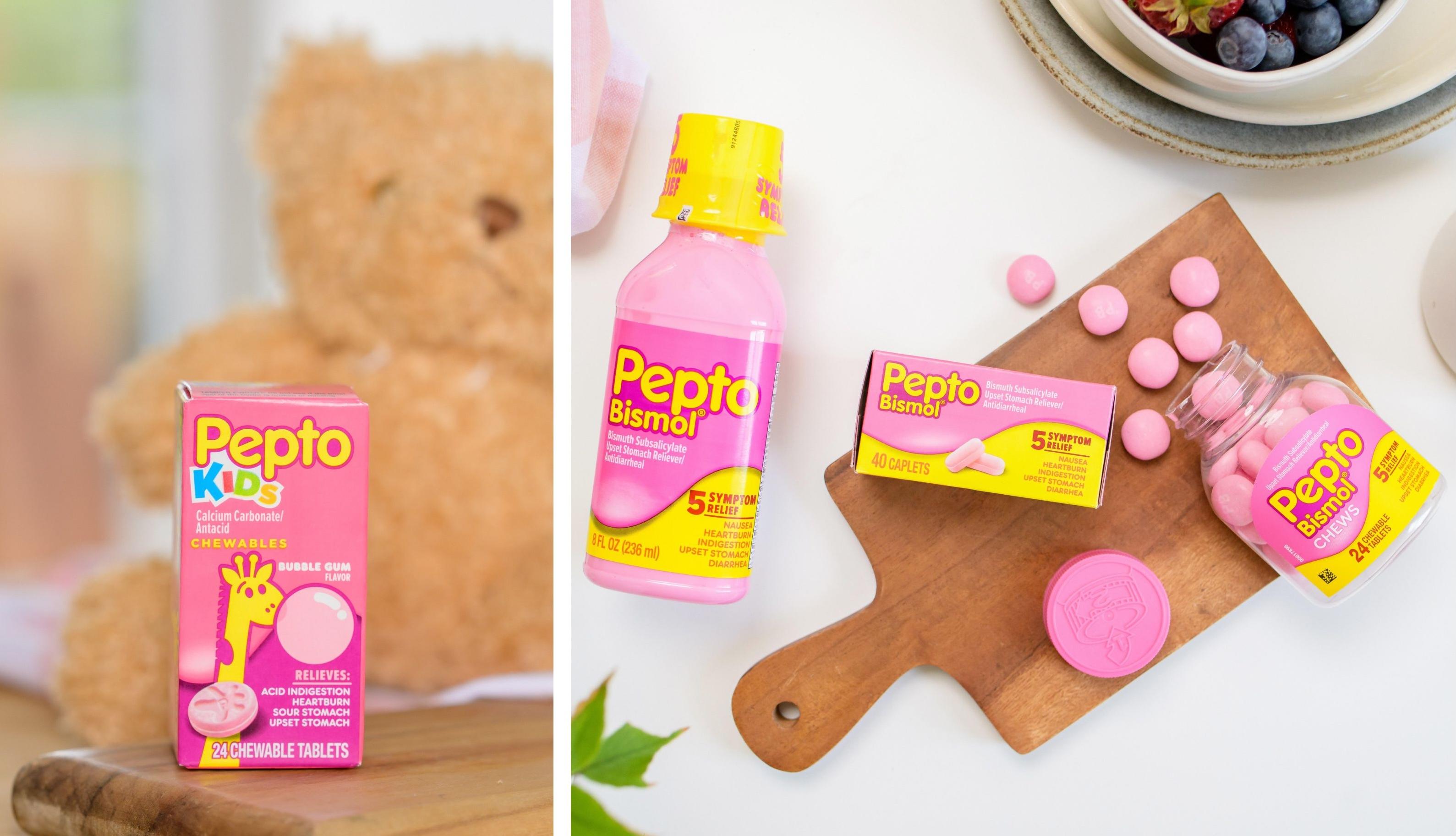 Bottles and packages of Pepto Bismol are pictured.