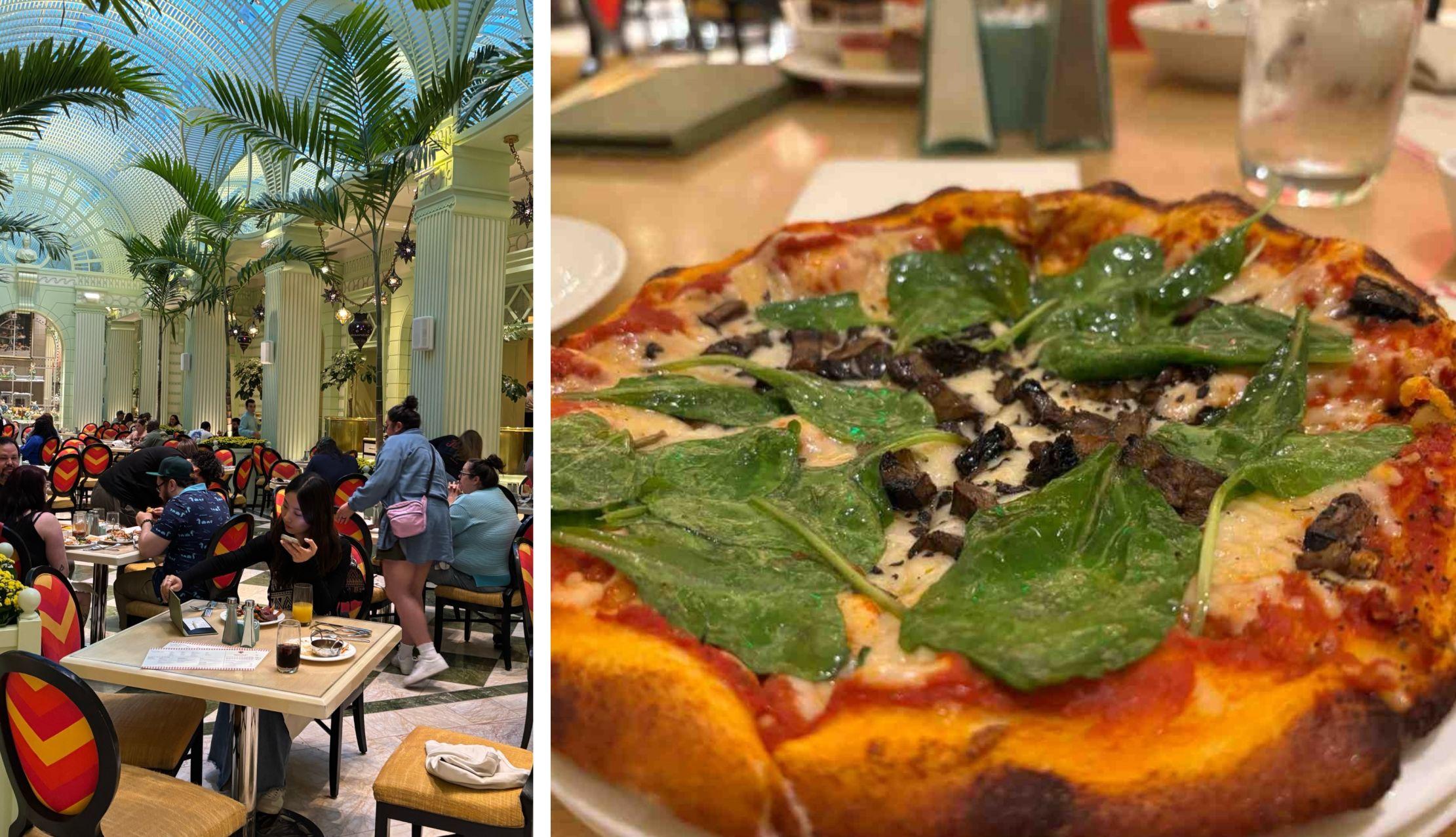 Two pictures depict The Buffet on the left and a custom vegan pizza with spinach and mushrooms on the right.