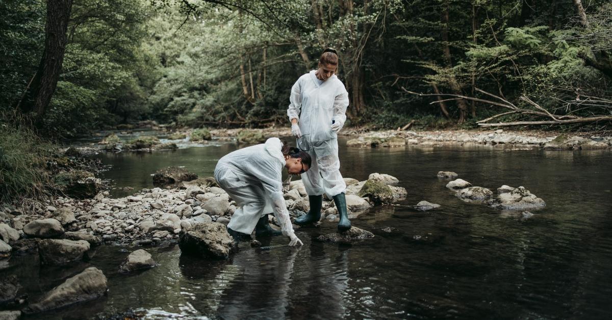 Scientists studying potential bacteria and viruses in natural water supply. 