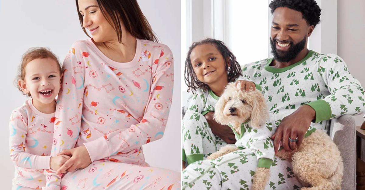 A mother and daughter in matching pink pajamas; a father, child, and dog in matching white and green pajamas