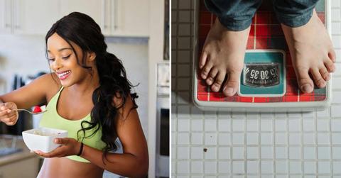 (L) A fitness lover eating a healthy meal. (R) A person standing on the weighing machine. (Representative Cover Image Source: Pexels | (L) Master Cowley, (R) Ketut Subiyanto)