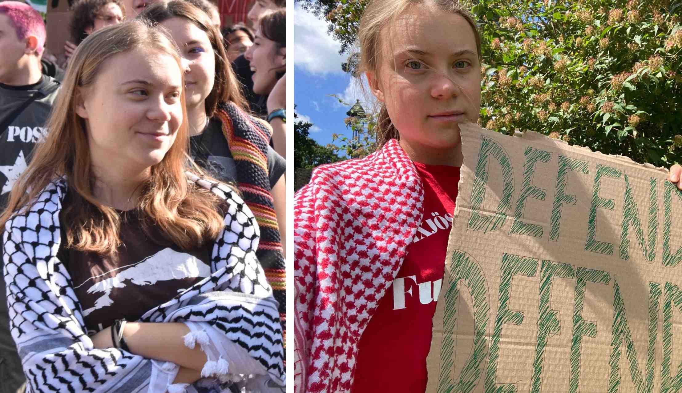 Activist Greta Thunberg is pictured at various protests.