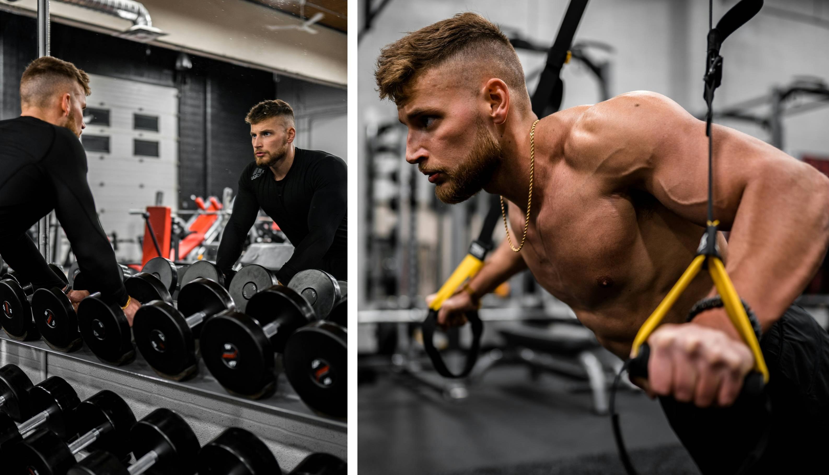 Two male athletes perform weight exercises in a gym.