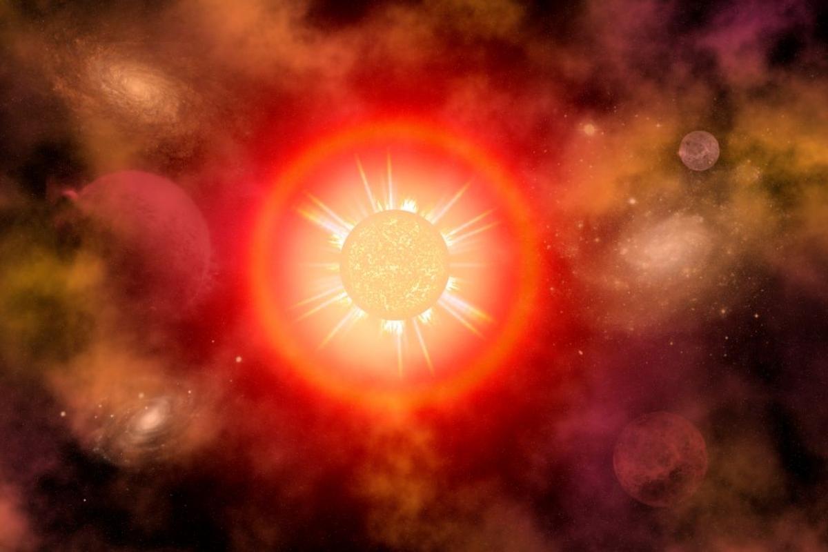 Bright red center of a glowing red dwarf star