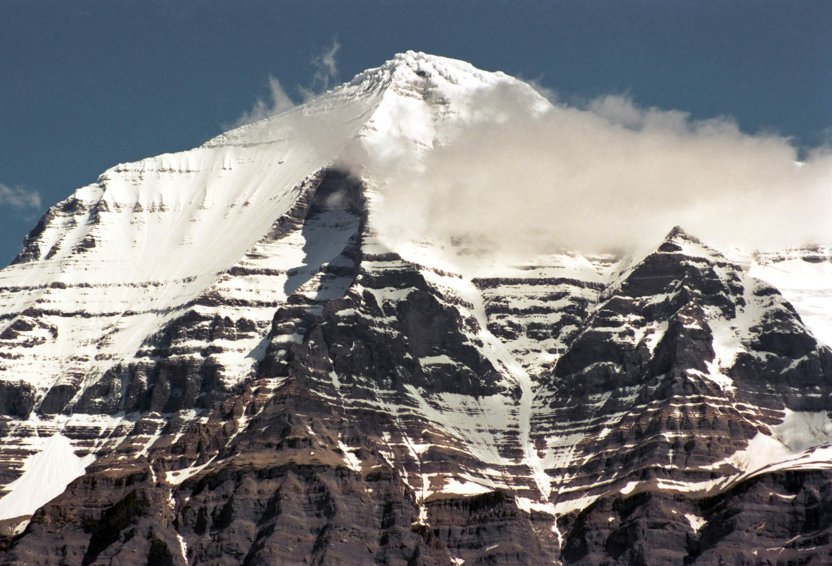 Snow appears on Mount Robson in British Columbia.