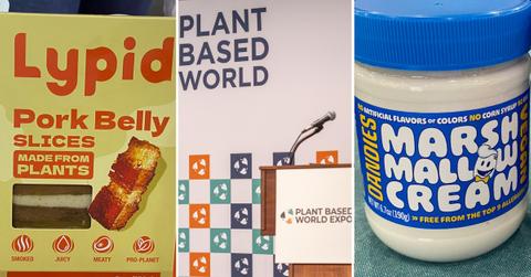 Lypid Pork Belly Slices in package, A Plant Based World sign and podium, and two jars of Dandies Marshmallow Cream