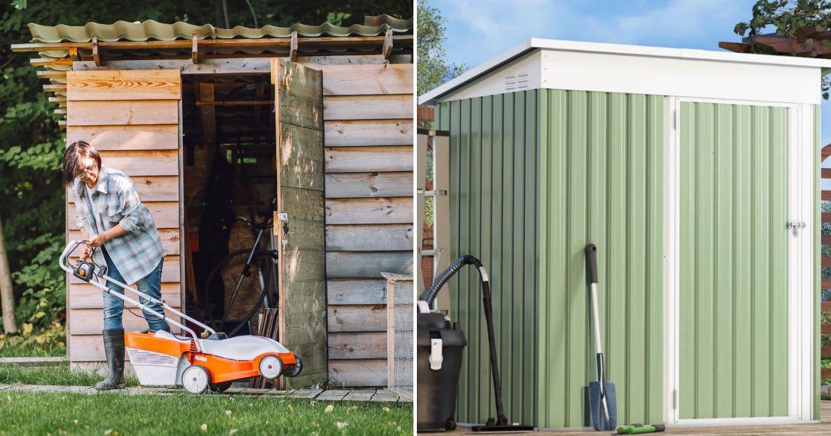 (L) A woman pulling out a lawn mower from a garden shed. (Representative Image Source: Getty Images |Olga Rolenko) | (R) Aecojoy Metal Storage Shed on sale. (Cover Image Source: Wayfair)