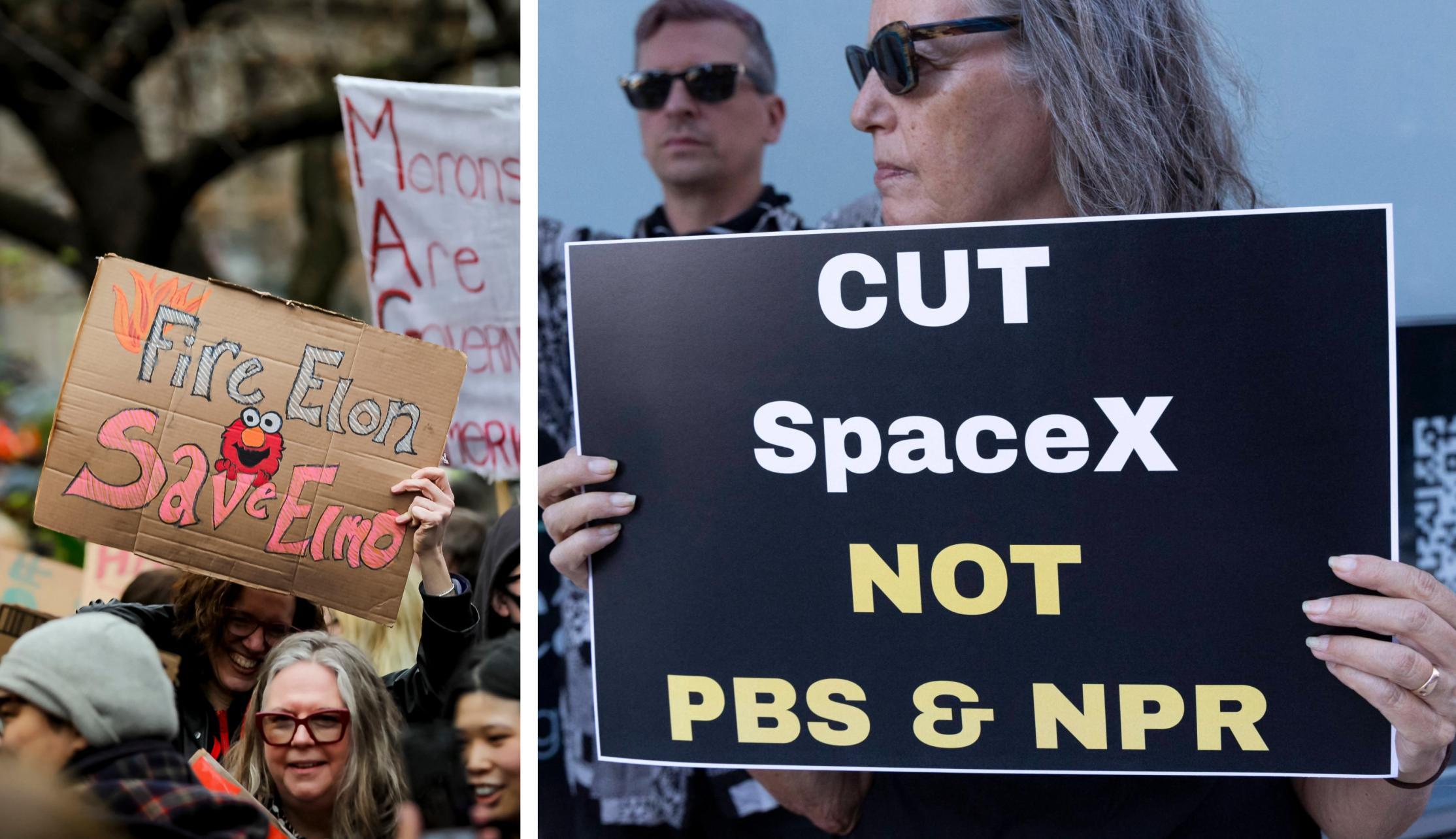Protesters hold signs that read "Fire Elon Save Elmo" and "CUT SpaceX NOT PBS & NPR" at protests in New York.