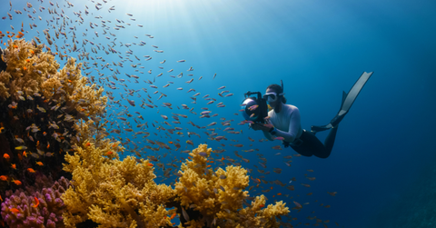A woman takes a video while SCUBA diving