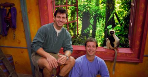 The Kratt brothers sitting with Jovian, on the set of 'Zaboomafoo.'