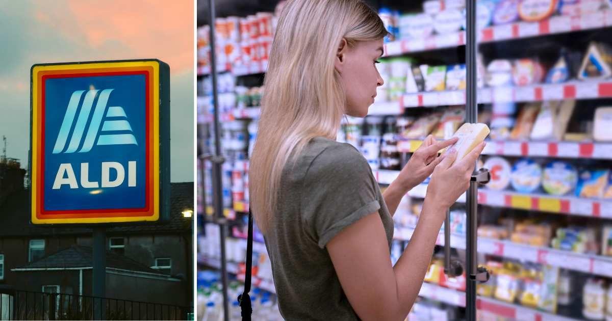 (L) Aldi's logo in one of its stores. (R) A woman is shopping for cheese in a supermarket aisle. (Representative Cover Image Source: (L) Unsplash | Ibrahim Gueter, (R) Freepik)