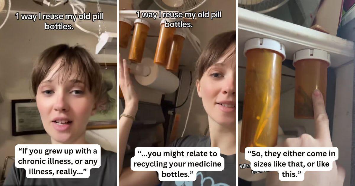 TikTok user shows pill bottles repurposed by her father in his work area. (Cover Image Source: TikTok | @brookeprince_)