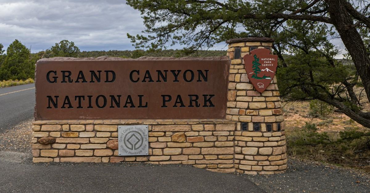 A closeup of the Grand Canyon National Park sign