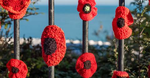 Seven hand-knitted remembrance red poppies on The Leas, Folkestone, Kent, UK