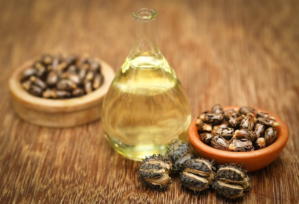 Castor oil and beans on a wooden counter. 