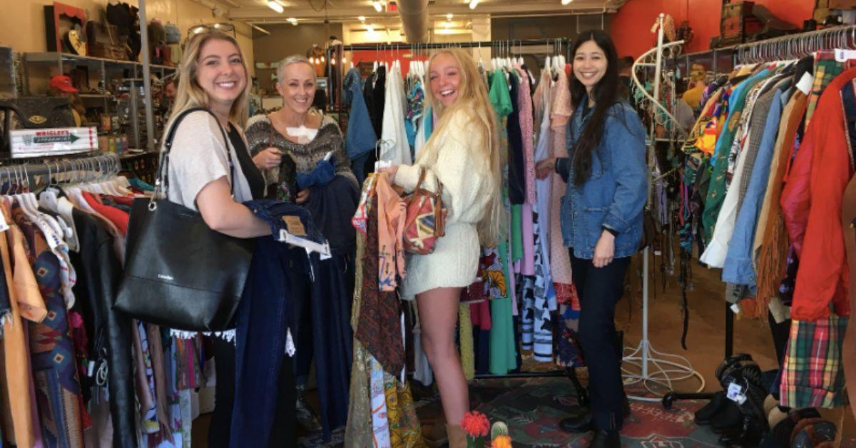 Women shopping and smiling. 