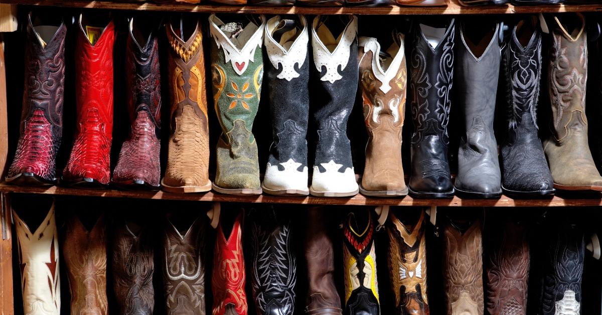 Cowboy boots made of leather.