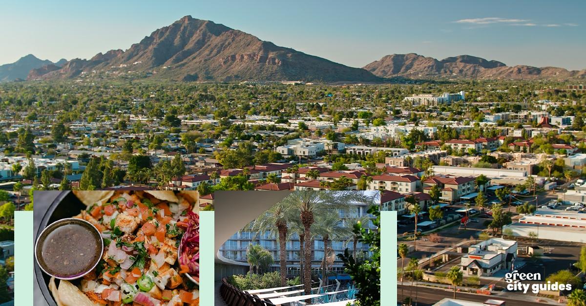 aerial background image of Scottsdale, Arizona, alongside smaller photos from Dilla Libre Dos restaurant and Hotel Valley Ho as well as Green Matters's "Green City Guides" logo