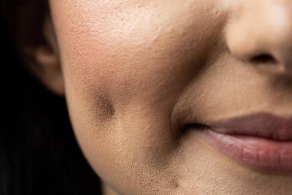 A close up of one side of a woman's face with a dimple in the middle of her cheek.