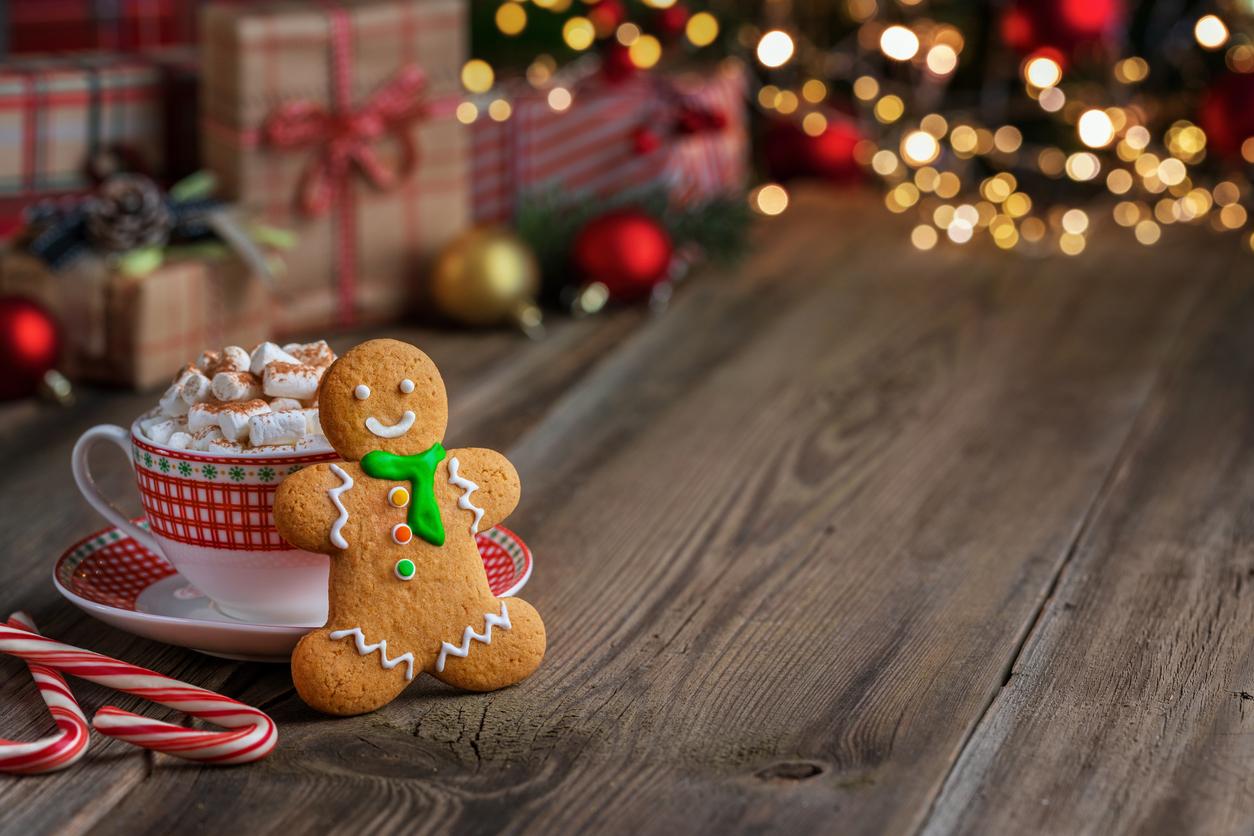 A gingerbread cookie appears next to a cup of hot chocolate and a candy cane above a wood floor.