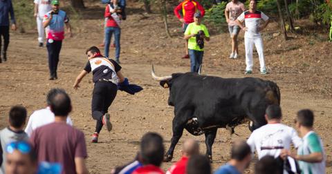 Bull pursuing person during a local bullfight.