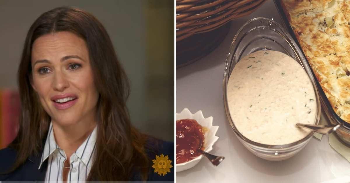 (L) Jennifer Garner in an interview with CBS Sunday Morning's Conor Knighton. (Cover Image Source: YouTube | @CBSSundayMorning) | (R) A bowl of cheese sauce. (Representative Cover Image Source: Pexels | Vidal Balielo Jr.)  