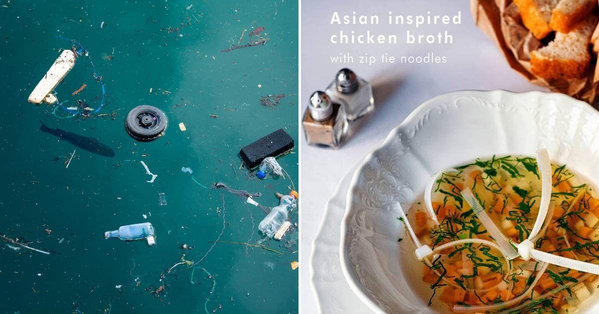 (L) Fish swimming in water polluted by plastic wastes. (Representative Cover Image Source: Getty Images | Carmen Martinez Torron) (R) The artist uses zip-tie as noodles for Asian chicken broth. (Cover Image Source: Facebook | Igor Dobrowolski Art)