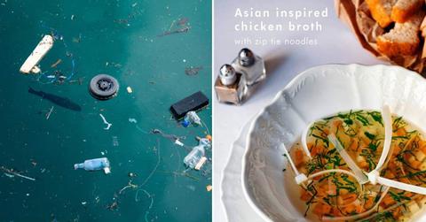 (L) Fish swimming in water polluted by plastic wastes. (Representative Cover Image Source: Getty Images | Carmen Martinez Torron) (R) The artist uses zip-tie as noodles for Asian chicken broth. (Cover Image Source: Facebook | Igor Dobrowolski Art)