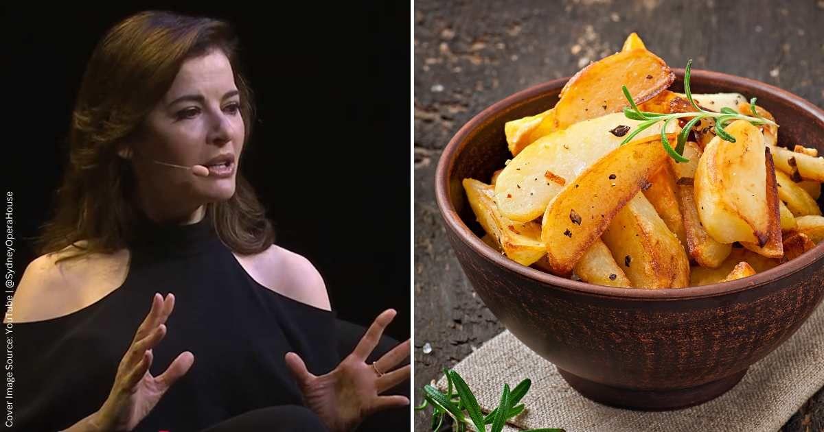 (L) TV Cook Nigella Lawson in an interview with The Sydney Opera House (Cover Image Source: YouTube | @SydneyOperaHouse) | (R) Perfectly roasted potatoes in a bowl. (Representative Cover Image Source: Freepik | Timolina)