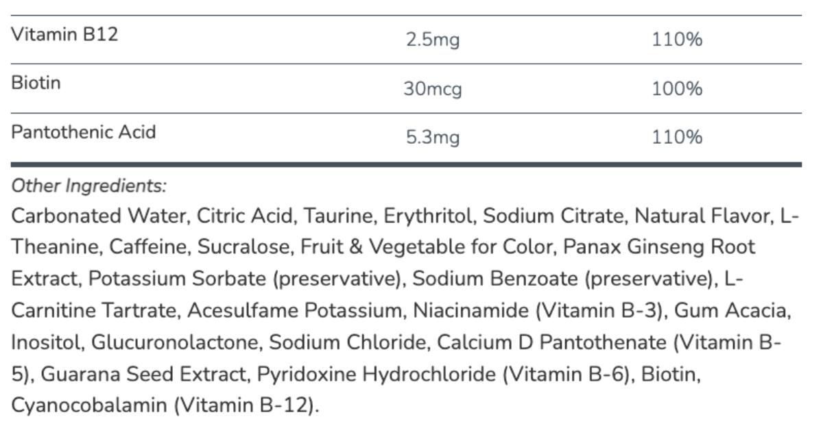 An ingredients list and nutrition facts of an Alani Nu energy drink taken from its website. 