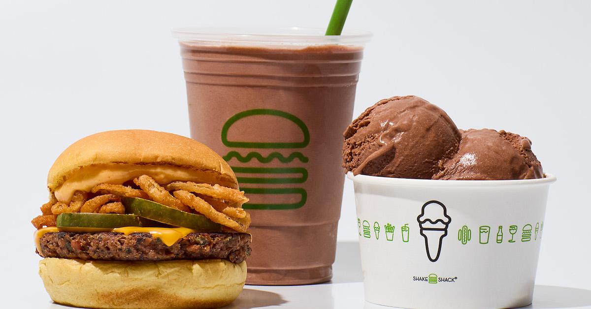 A Shake Shack vegan burger, vegan shake, and vegan frozen custard.